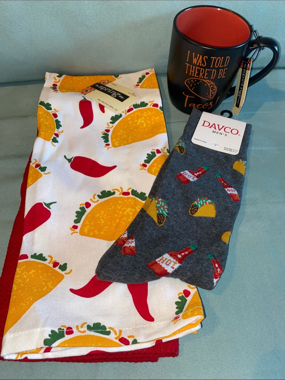 Taco themed gift set: Gray Taco & Hot Sauce Socks, tea towels, coffee/tea mug